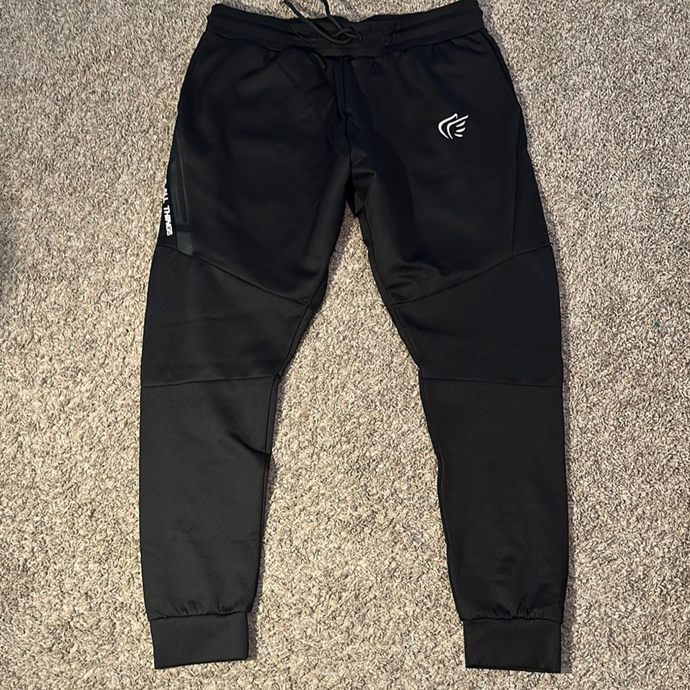 In Jesus' Name I Play Joggers Size Large Black With white Embroidered W/Pocket